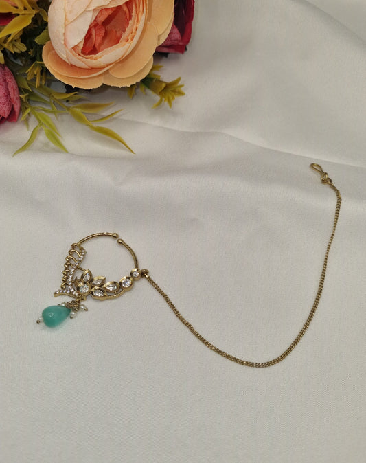 TRADITIONAL KUNDAN & DROP BEAD NOSE RING WITH HAIR CHAIN