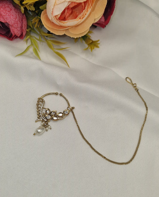 TRADITIONAL KUNDAN & DROP BEAD NOSE RING WITH HAIR CHAIN