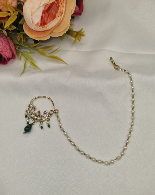 TRADITIONAL KUNDAN & DROP BEAD NOSE RING WITH HAIR CHAIN