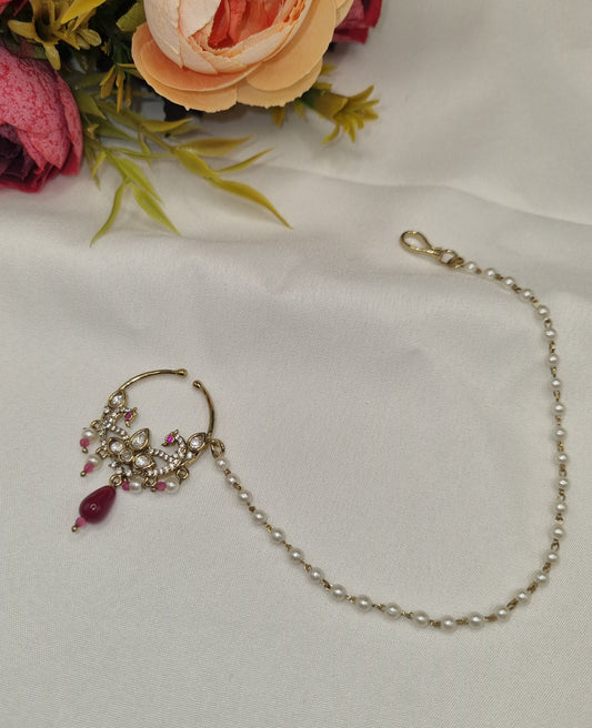 TRADITIONAL KUNDAN & DROP BEAD NOSE RING WITH HAIR CHAIN