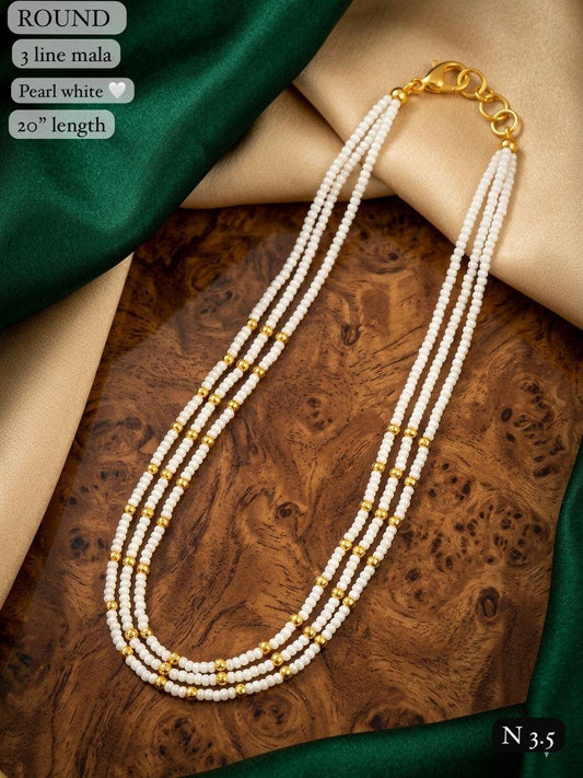 Elegant 3-Line White Bead Mala Necklace – 20" Lenght  Festal Kantha Mala