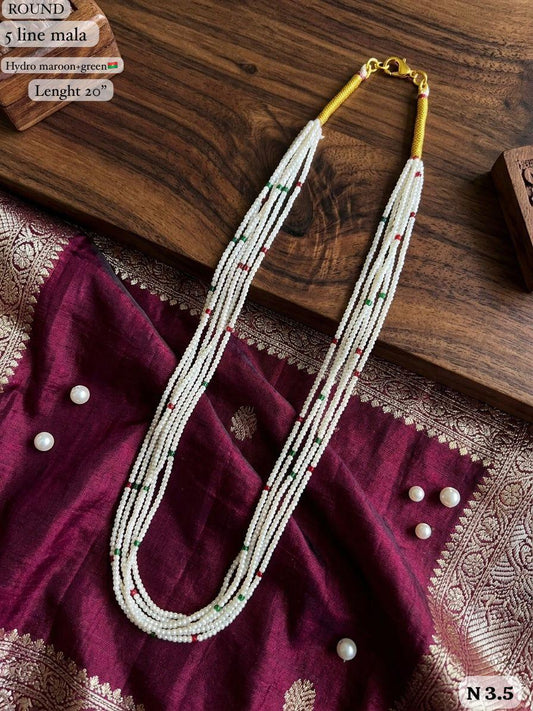 Elegant 5-Line White Bead Mala Necklace – 20" Lenght  Festal Kantha Mala