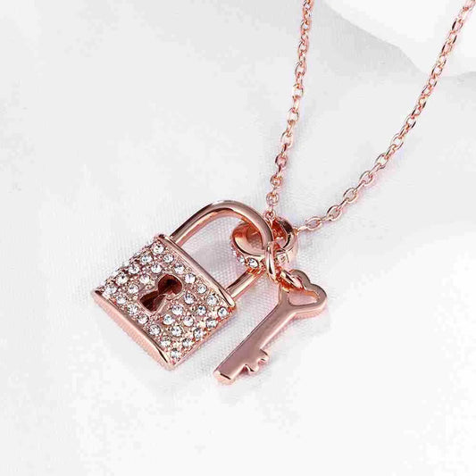Rose Gold Plated Lock and Key Necklace  Pave Crystal Padlock Pendant with Heart Detail Key