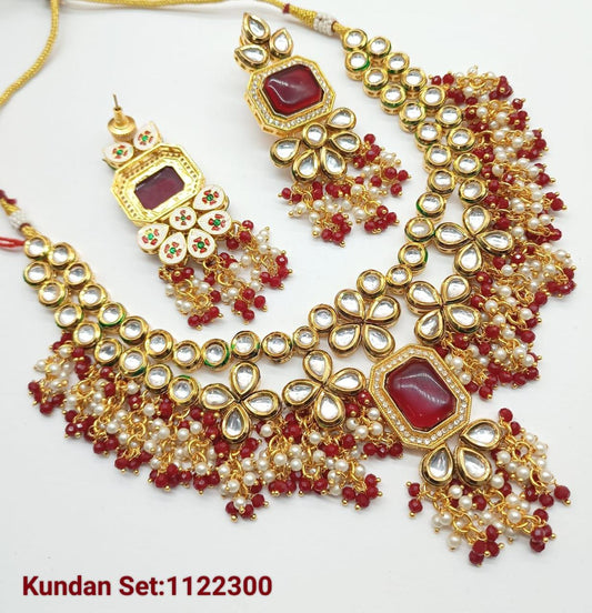 Kundan Choker Necklace Set with Ruby Red Accents & Pearl Droplets