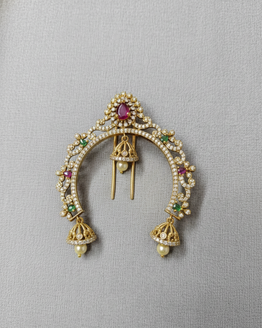 Vintage Gold Temple Hair Brooch Traditional Stone Encrusted Jhumka Hair Pin