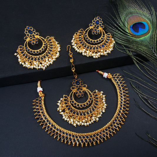 Royal Blue Stone Temple Jewellery Set with Maang Tikka