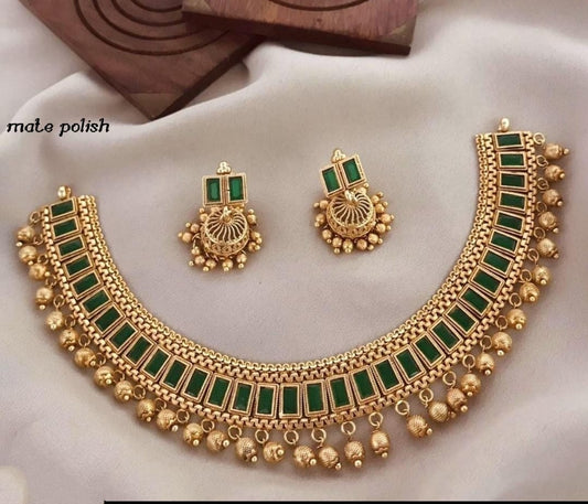 South Indian Matte Gold Multi-Color Choker Set