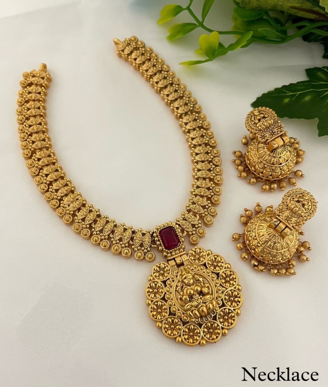 Unique Pastel Pink Lakshmi Temple Jewellery Necklace Set