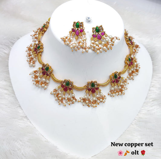 Floral Motif Temple Necklace with Pearl & Green Stone Choker & Earrings Set