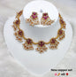 Floral Motif Temple Necklace with Pearl & Green Stone Choker & Earrings Set