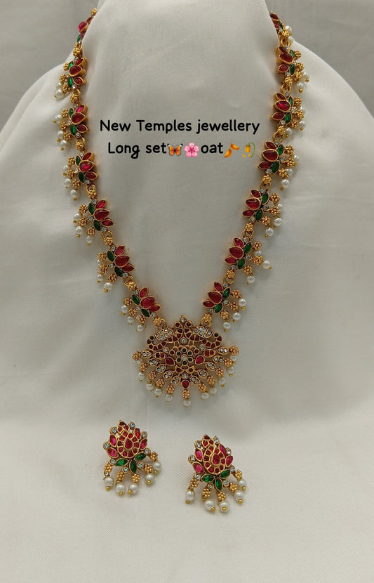 Ethnic Lotus Multi-Color Long Necklace with Jhumkas Set