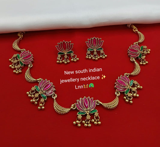 Forest Green Meenakari Lotus Necklace with Golden Ghungroo Drops