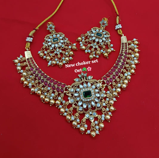 Majestic Rani Pink Pearls Drop Choker & Earring Set