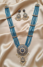 Traditional Peacock Blue Long Necklace Set