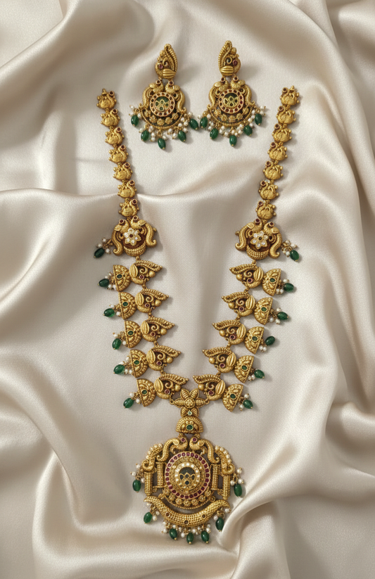 Temple Matte Gold Haram Set Long Necklace with Matching Earrings