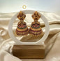 Matte Gold Earrings with Ruby & Emerald Kemp Stones and Gold Bead Fringe