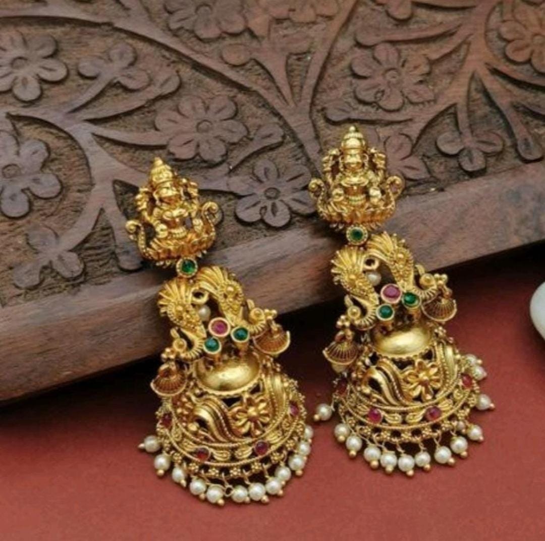 Antique Matte Gold Temple Lakshmi Jhumka with Ruby, Emerald & Pearl Drops