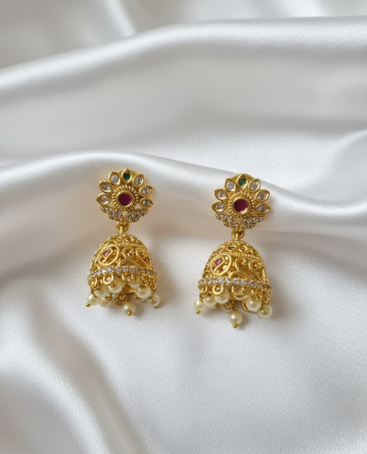 Antique Statement Earrings with Ruby Stone and Pearl Drops