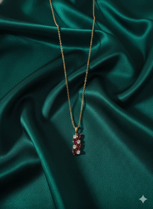 Vertical Ruby & Crystal Cluster Pendant Gold-Plated Drop Necklace with Pear Cut Stones