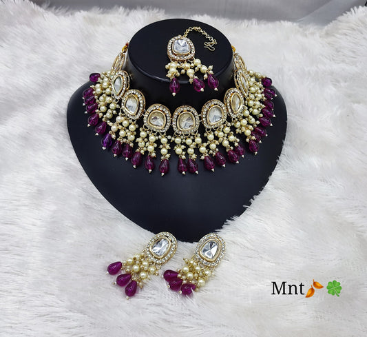 Wine Beads & Pearl Clusters Jewellery Set