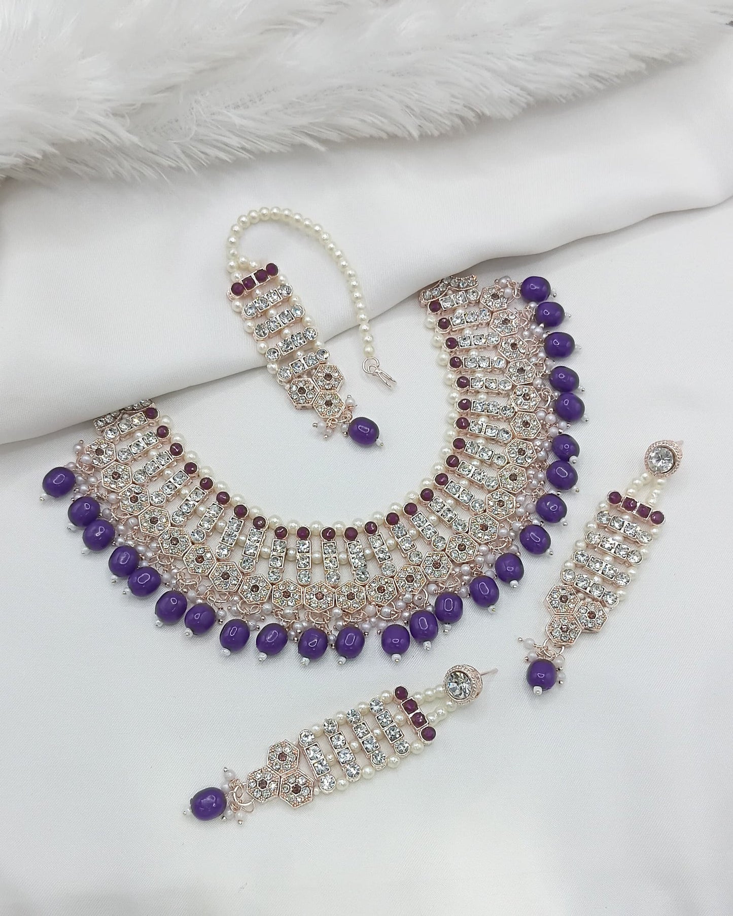 Maroon Stone & White Crystal Bridal Jewellery Set