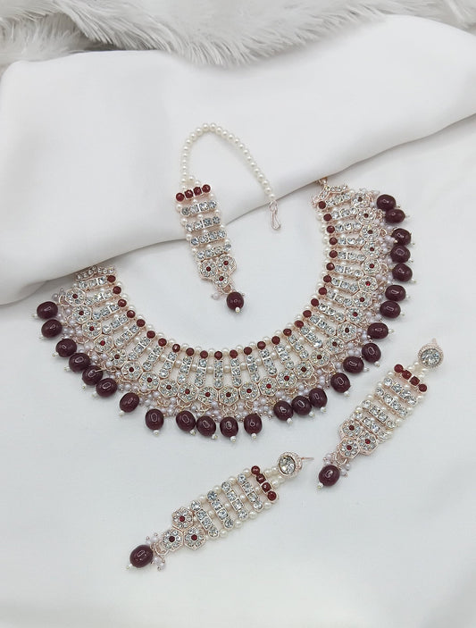 Maroon Stone & White Crystal Bridal Jewellery Set