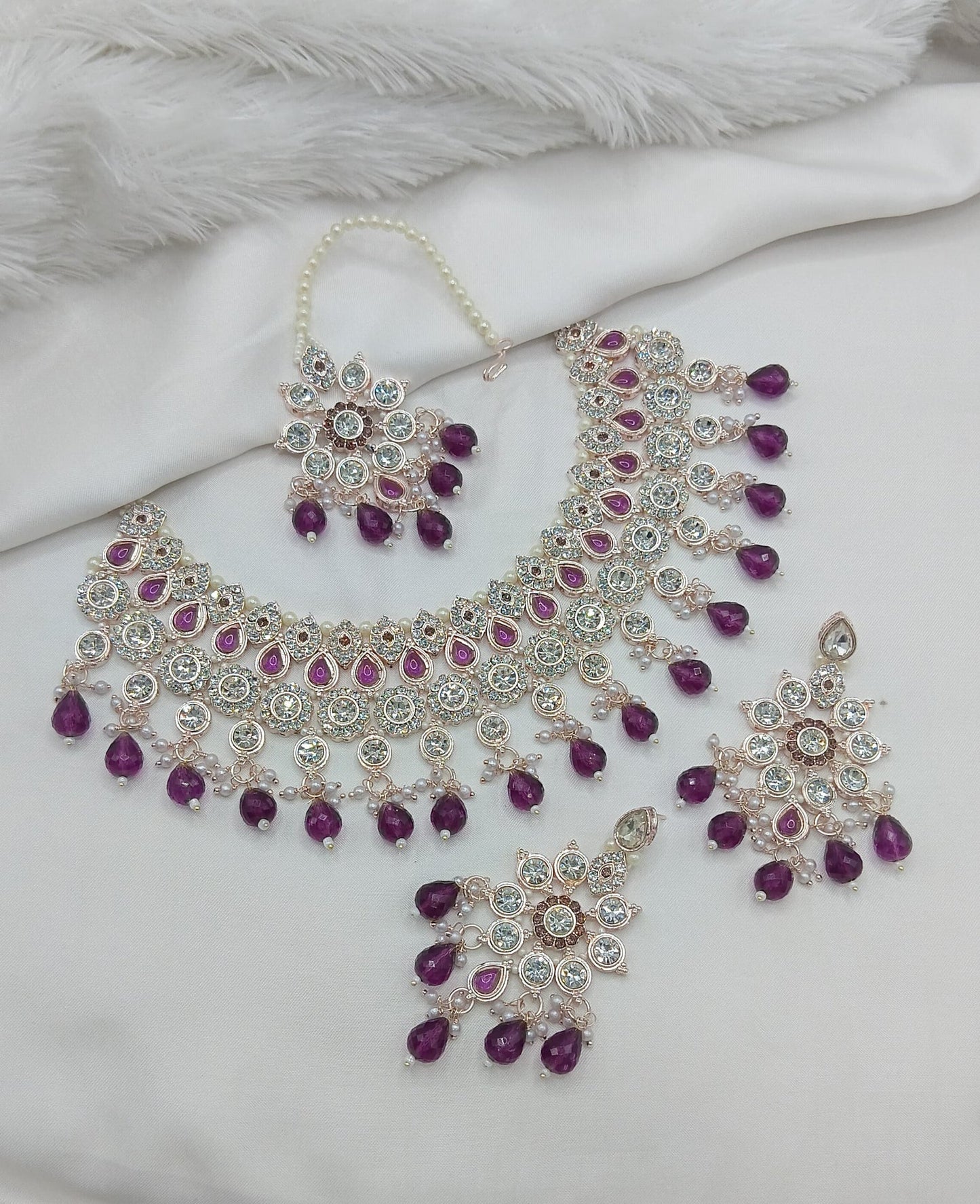 Purple & White Stone Bridal Choker Set