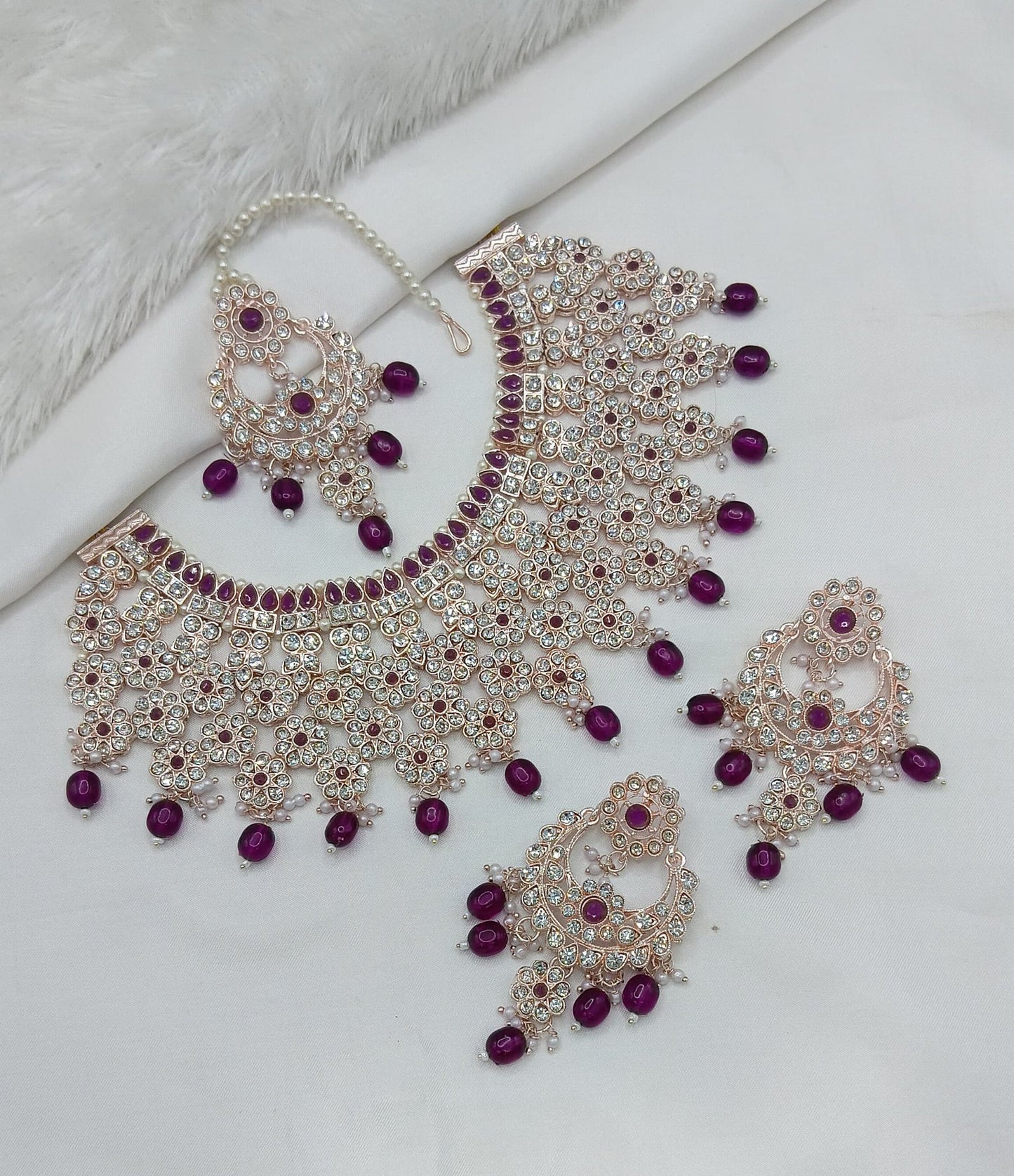 Rose Gold & White Stone Bridal Choker Set with Pearls