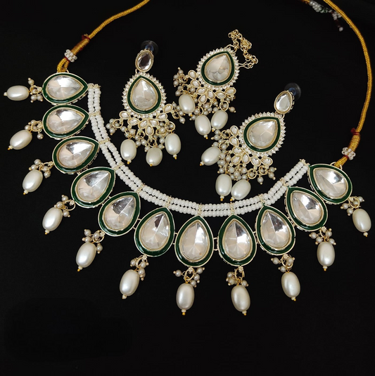 Oversized Teardrop Choker with Green Meena Work