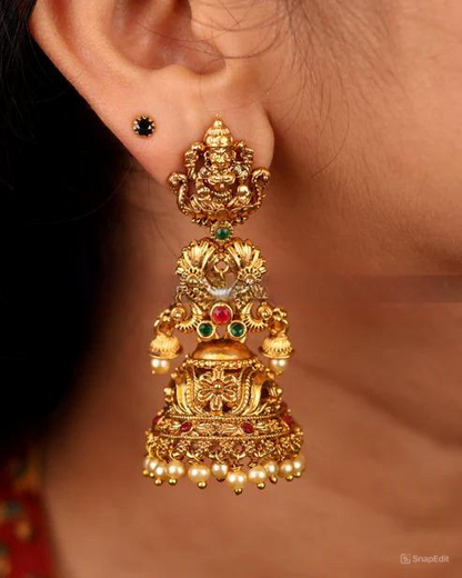 Antique Matte Gold Temple Lakshmi Jhumka with Ruby, Emerald & Pearl Drops